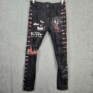 Action Wear Kloud 9 Black Painted Design Streetwear Pockets Jeans Sz 30/30